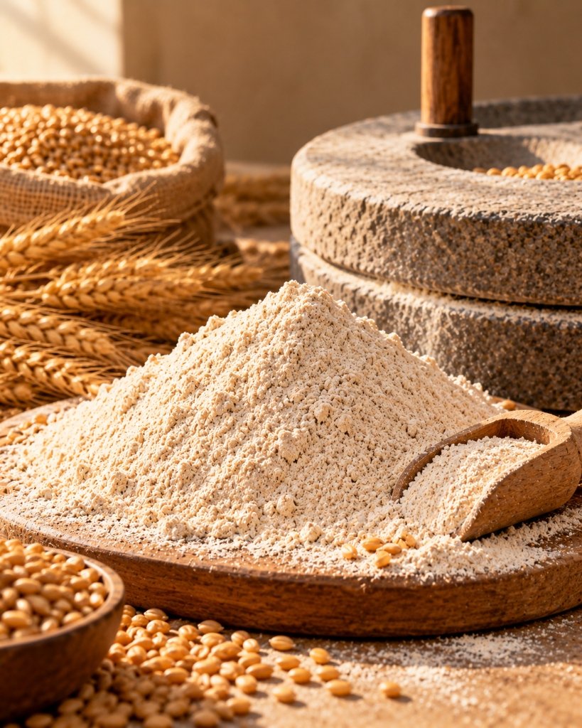 Fresh chakki atta on wooden platter with traditional stone grinding chakki