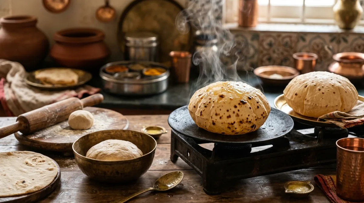 Puffed hot phulkas on iron tawa with rising steam, pure desi ghee and kneaded whole wheat dough in kitchen