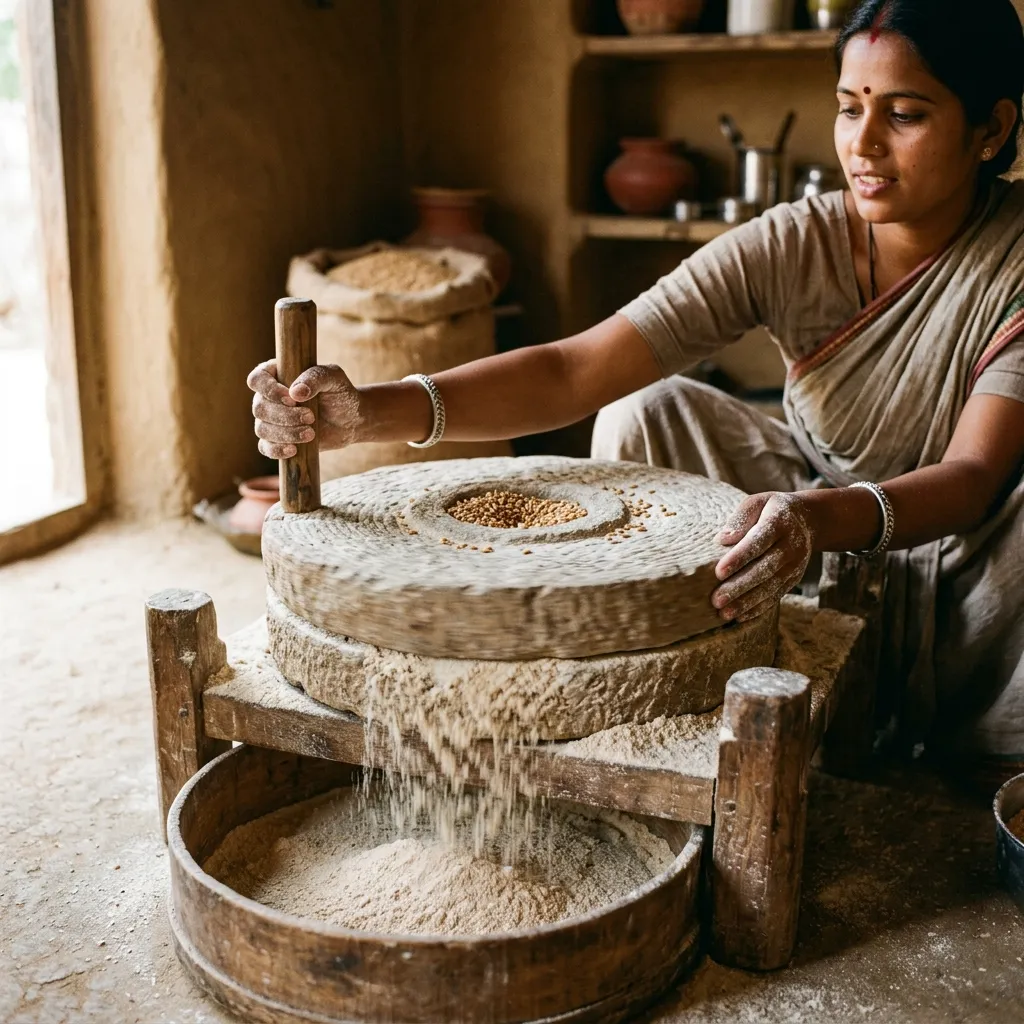 Slow traditional stone chakki grinding